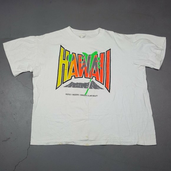 Vtg 90s Hawaii T-Shirt XL Neon Spell Out Protect - Picture 2 of 11
